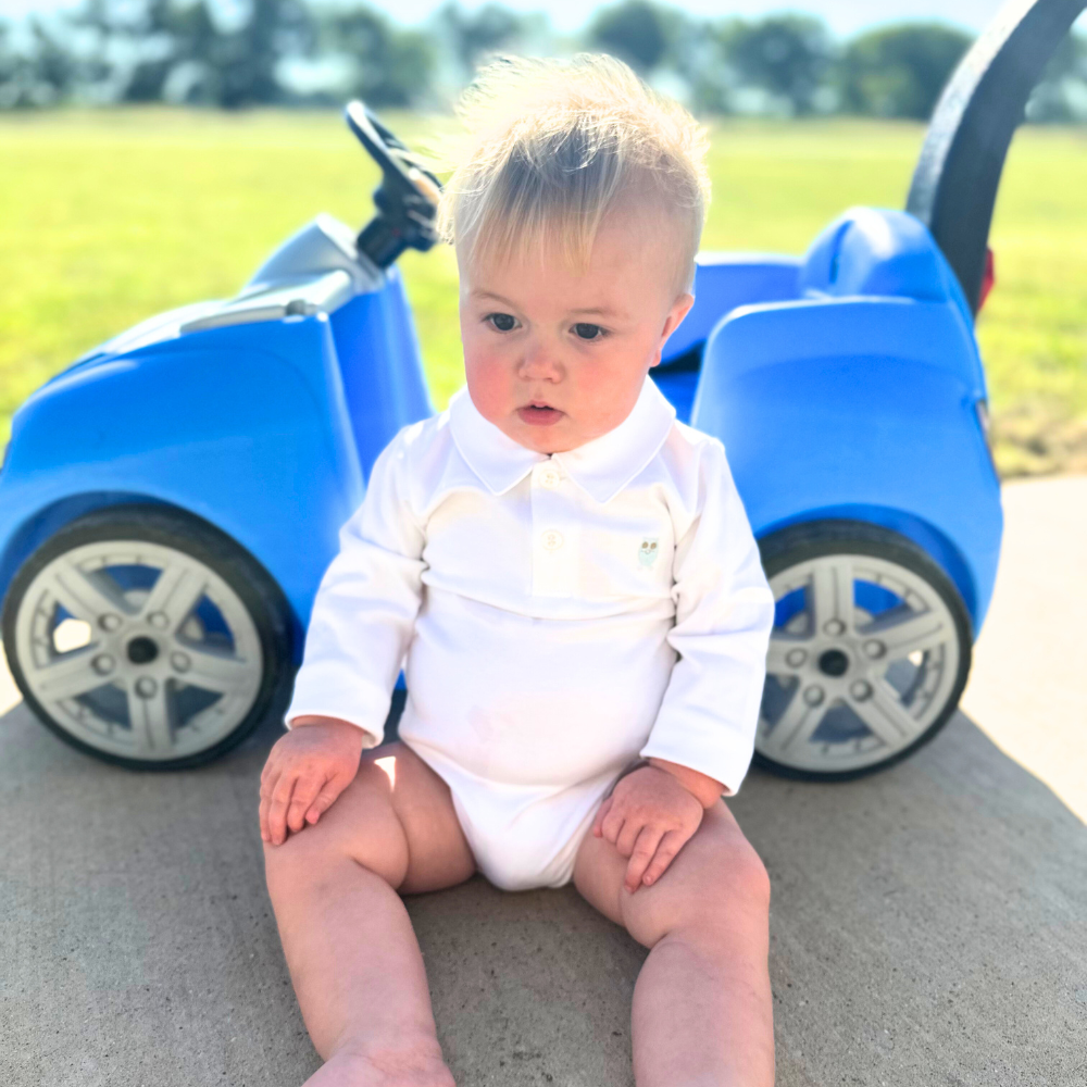 Pima Cotton Long Sleeve Polo White Collar Onesie by Baby Owl Kids
