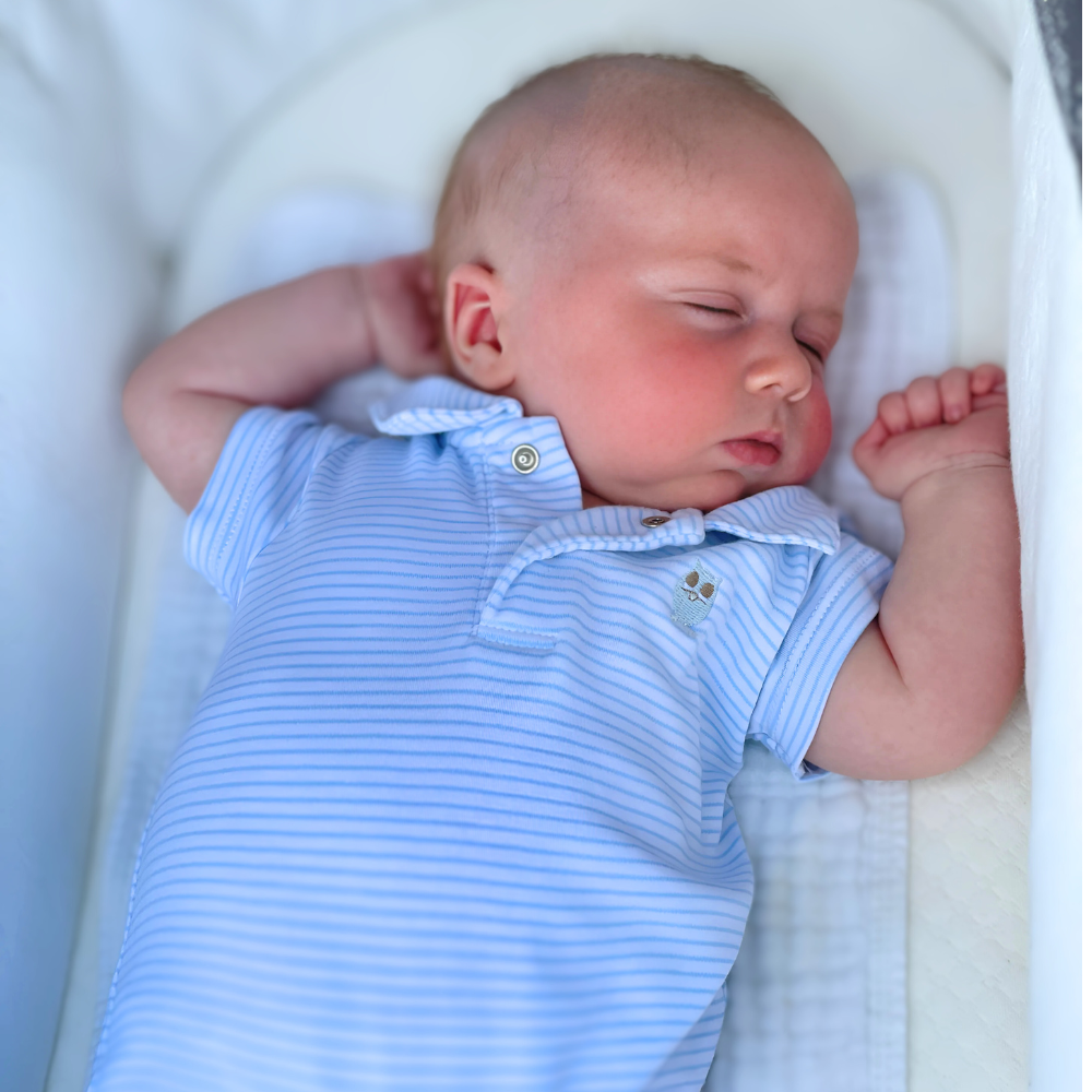 Pima Cotton Baby Romper – Light Blue Stripes by Baby Owl Kids