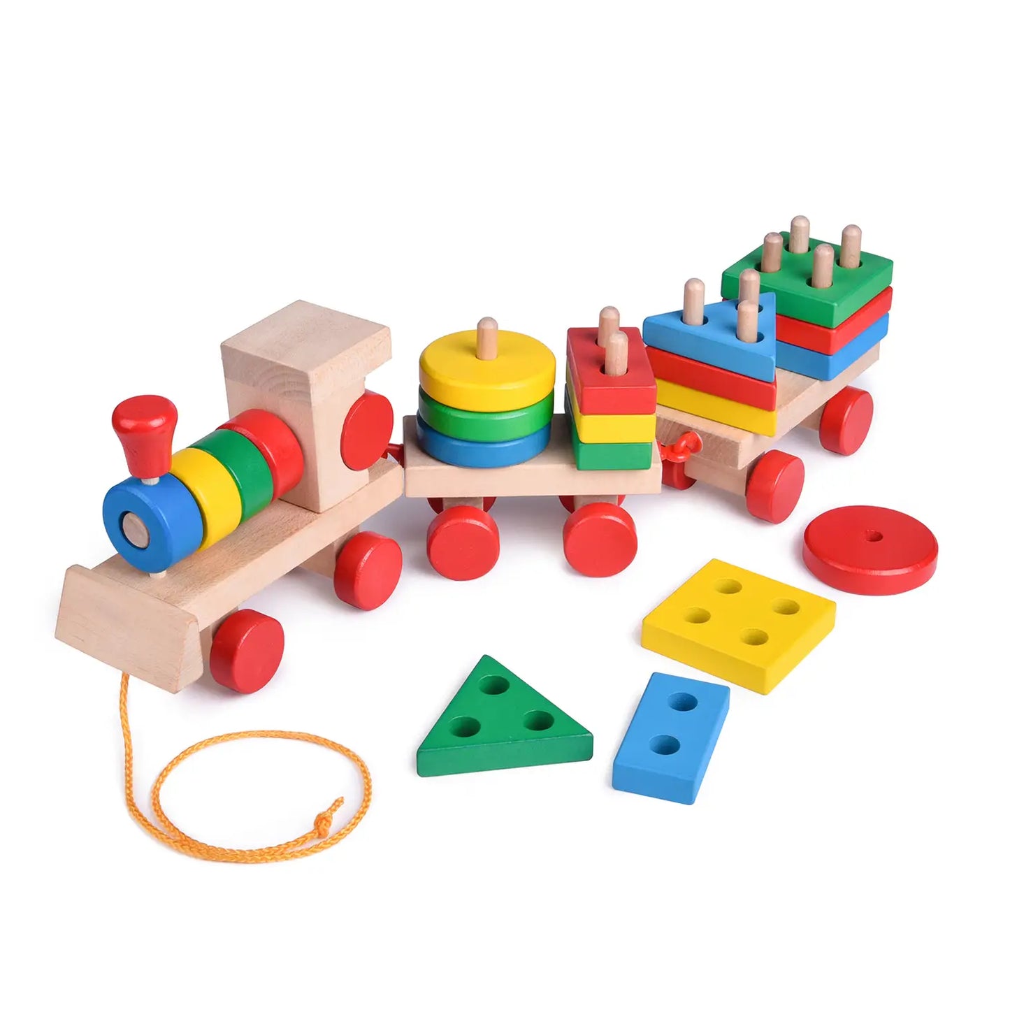 15.5 Inches Wooden Train Shape Sorter and Stacking Toys by Fun Little Toys