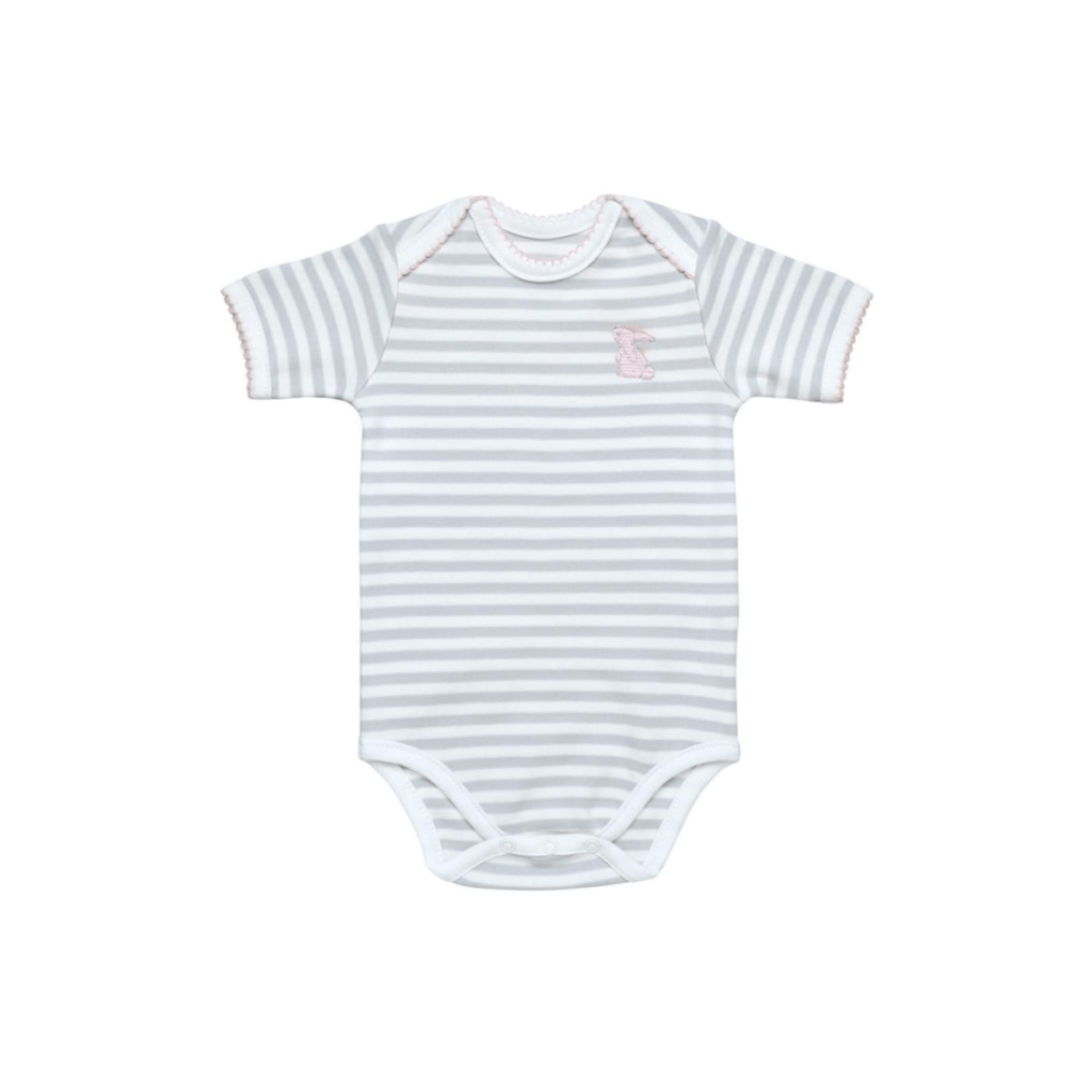 Short Sleeve Organic Cotton Bodysuit – Grey Stripe With Pink Bunny by Under The Nile