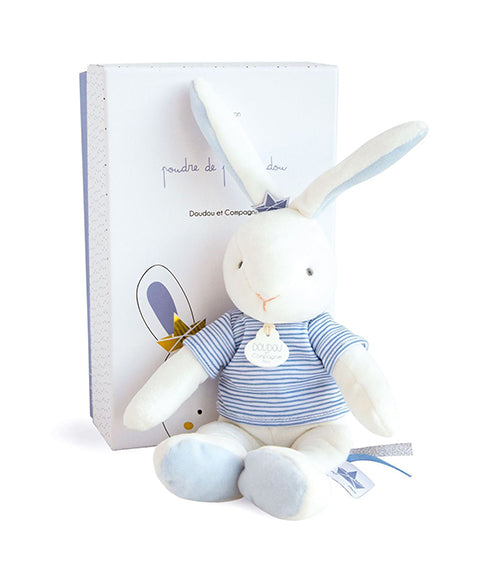 All White Plush Bunny With a Blue Striped Shirt by DouDou Et Compagnie