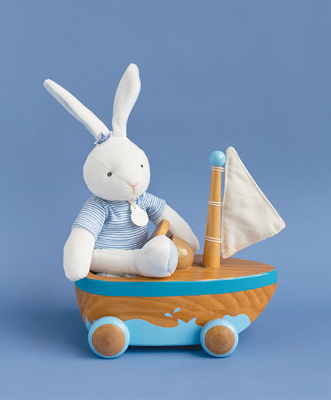 All White Plush Bunny With a Blue Striped Shirt by DouDou Et Compagnie