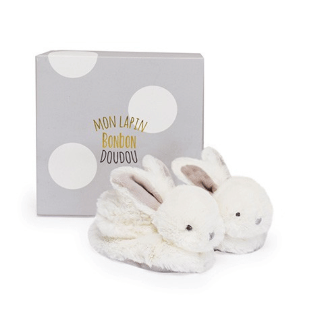 White and Gray Bunny Booties with Rattle by Doudou Et Compagnie