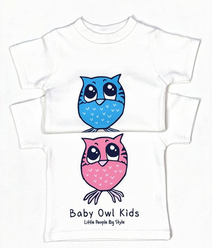 Kids Baby T Shirt Short Sleeve Crew Neck Blue or Pink Baby Owl