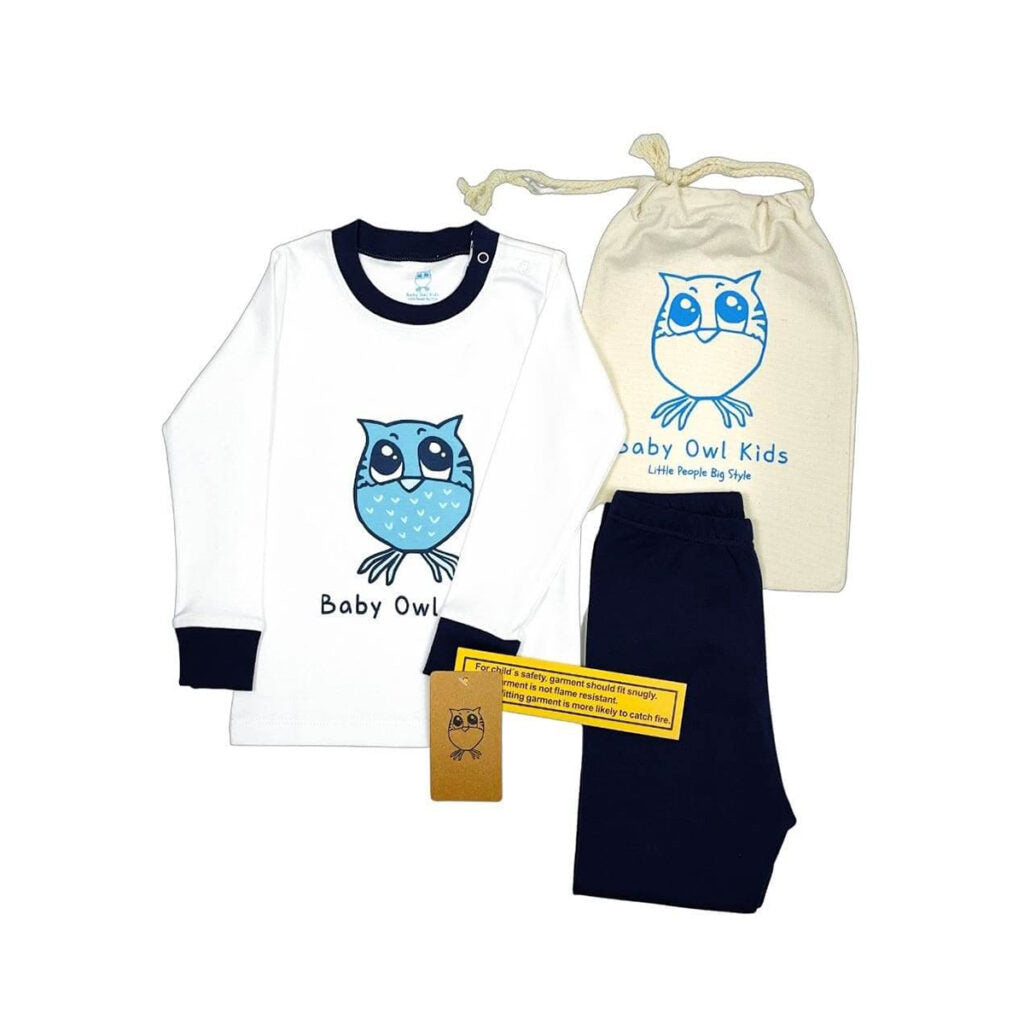 2 PC Pants Set Blue Owl Pima Cotton Pajamas by Baby Owl Kids