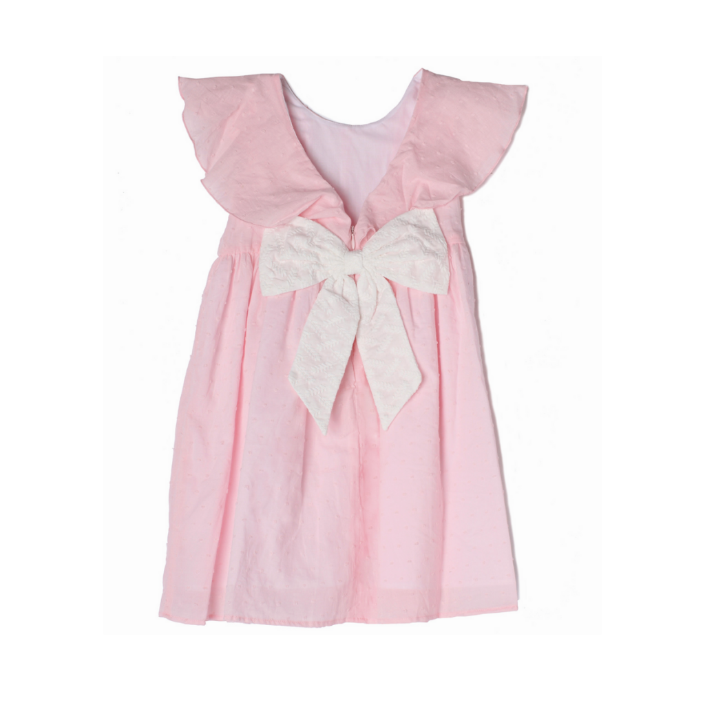 Sweet pink Swiss dot bow-back girl dress by Mabel + Honey.