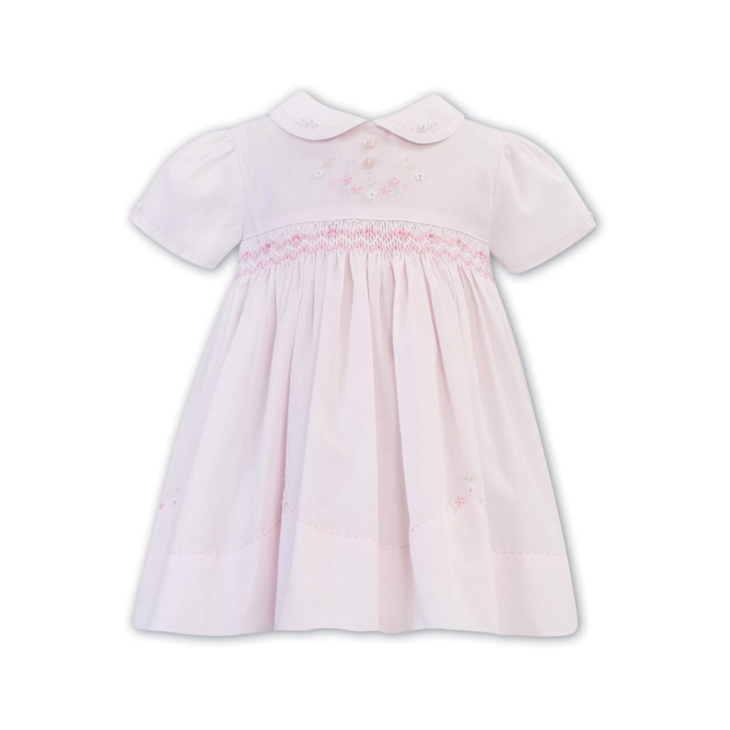 Baby Girl Pink Smocked & Embroidered Short Sleeves Dress by Sarah Louise