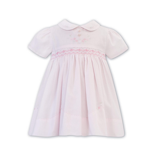 Baby Girl Pink Smocked & Embroidered Short Sleeves Dress by Sarah Louise