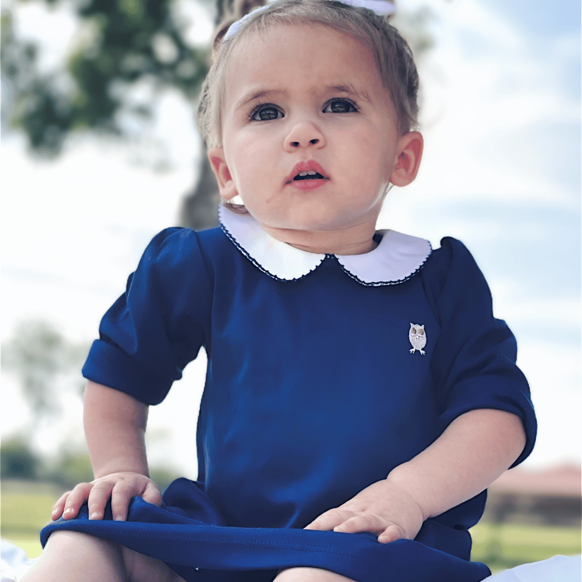 Pima Cotton Long Sleeve Navy Girls' Dress by Baby Owl Kids