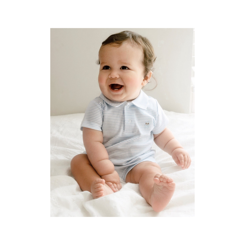 Pima Cotton Baby Romper With Light Blue Stripes by Baby Owl Kids